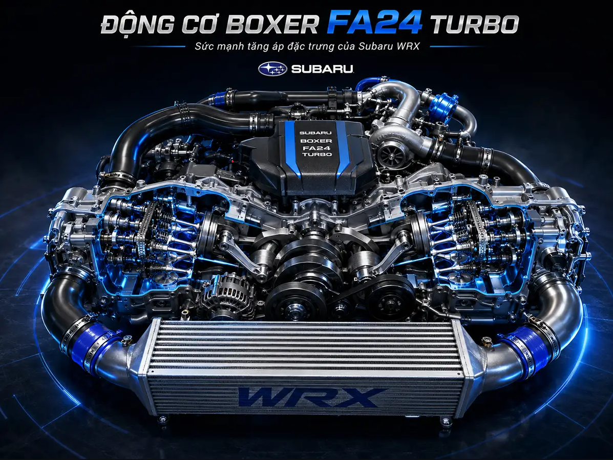 Cận cảnh khối động cơ Boxer FA24 nằm dưới nắp capo xe Subaru WRX